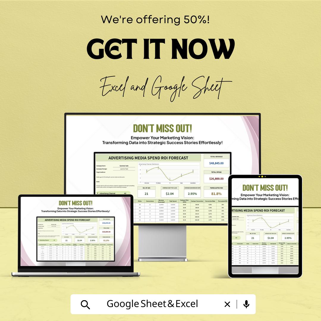 Media Spend ROI Forecast Sheet | Excel & Google Sheets | Advertising ROI Calculator | Campaign Budget Tracker | Marketing Spend Planner