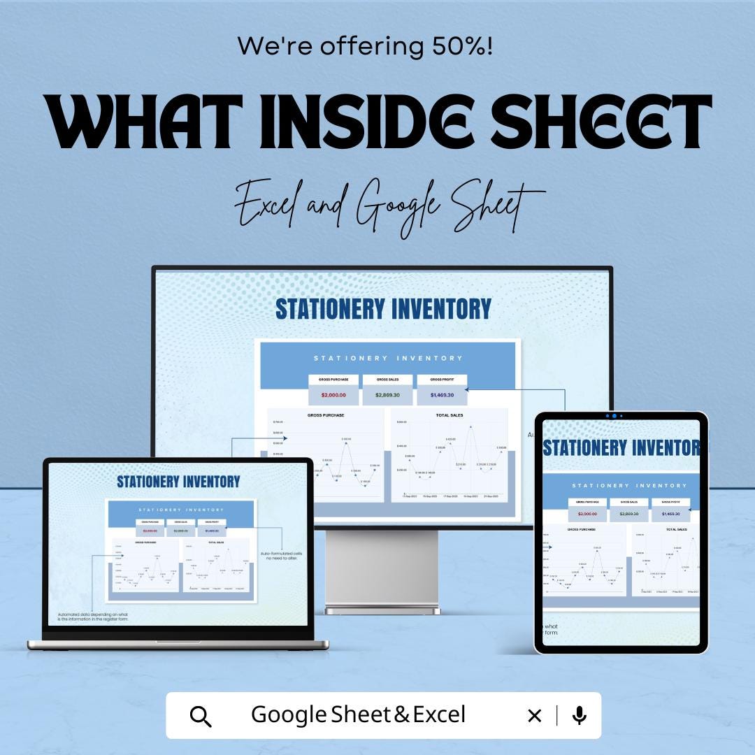 Stationery Inventory Sheet - Excel & Google Sheets Template - Track Stock, Sales, and Profits for Your Stationery Business