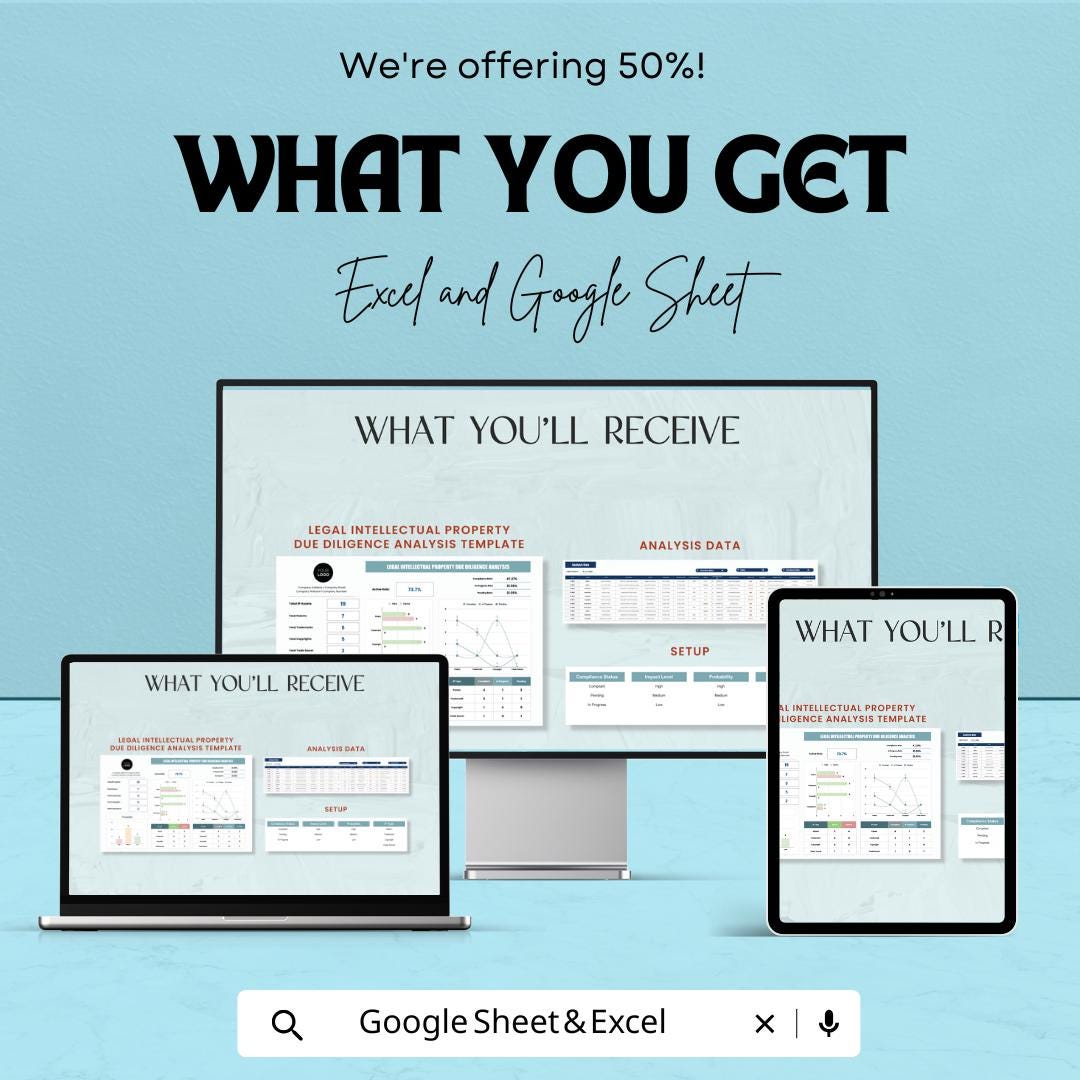 Legal Intellectual Property Due Diligence Analysis Sheet - Google Sheet Template for IP Management - Patent & Trademark Evaluation