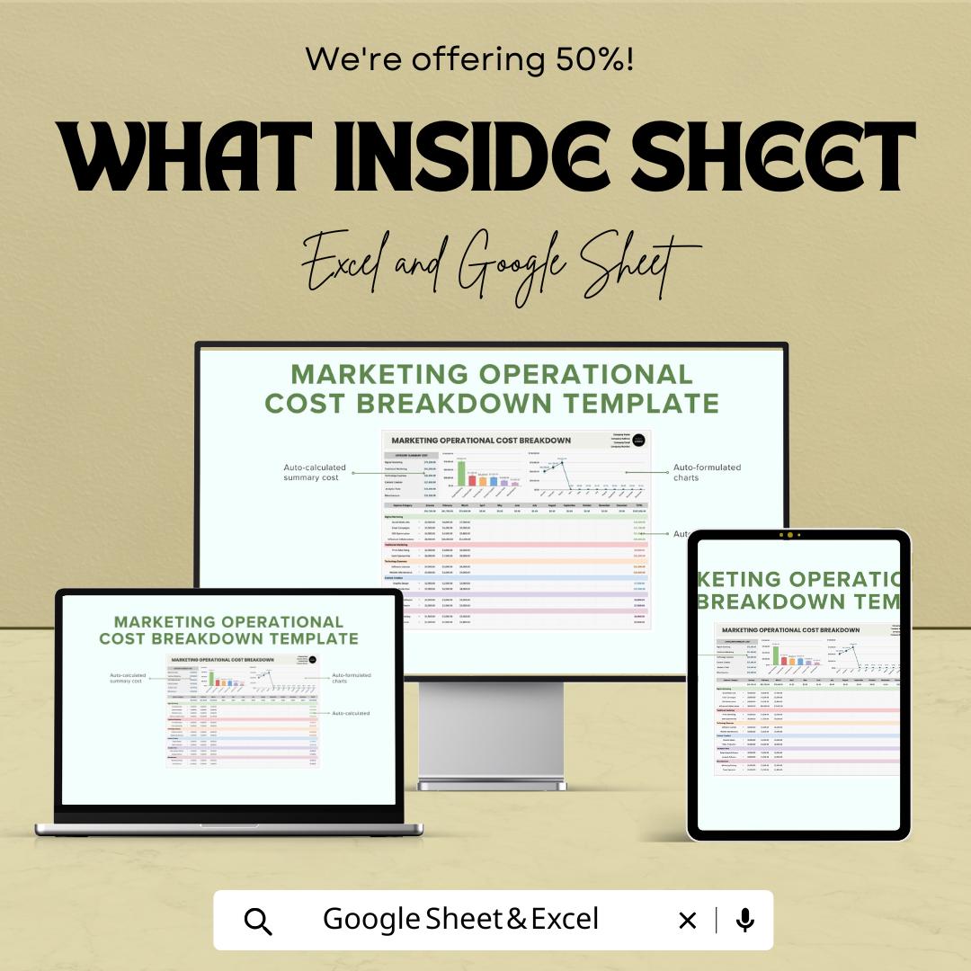 Marketing Operational Cost Breakdown Sheet | Excel and Google Sheets | Track Marketing Expenses & Budget | Financial Efficiency Dashboard