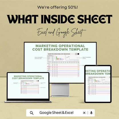Marketing Operational Cost Breakdown Sheet | Excel and Google Sheets | Track Marketing Expenses & Budget | Financial Efficiency Dashboard
