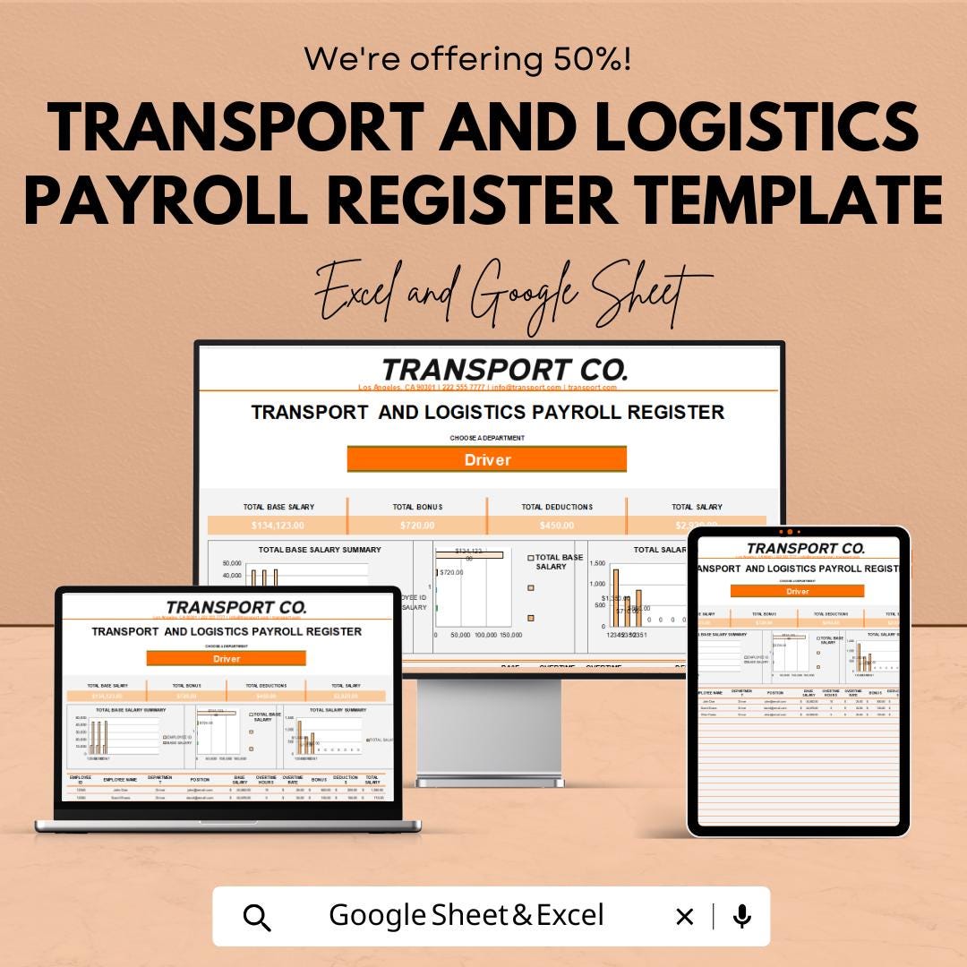 Transport Payroll Register Template | Logistics Payroll Sheet | Employee Payroll Tracker Excel & Google Sheets | Salary Register Template