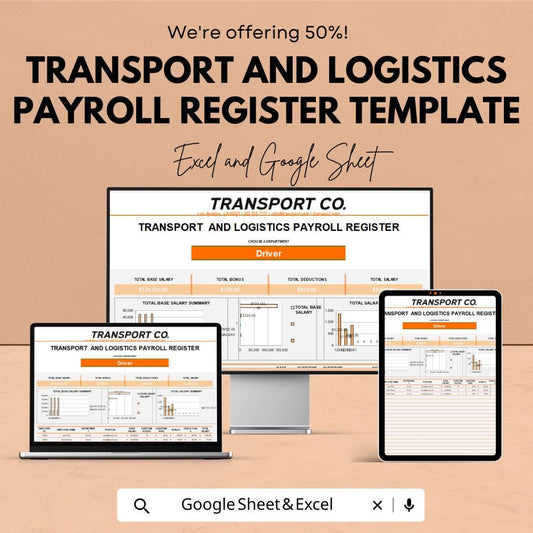 Transport Payroll Register Template | Logistics Payroll Sheet | Employee Payroll Tracker Excel & Google Sheets | Salary Register Template