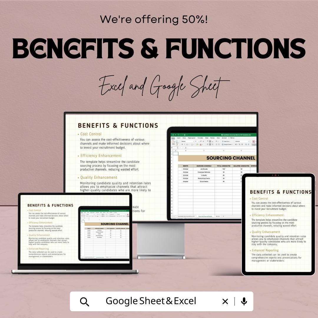 Candidate Sourcing Metrics HR Template | Excel & Google Sheets | Recruitment Analytics Dashboard | Hiring KPI Tracker
