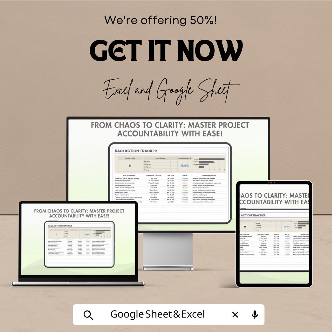 RACI Action Tracker Template | Project Accountability Tracker | Excel & Google Sheets