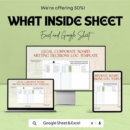 Legal Corporate Board Meeting Decisions Log Template | Board Minutes Tracker | Governance Record Spreadsheet | Decision Register Log
