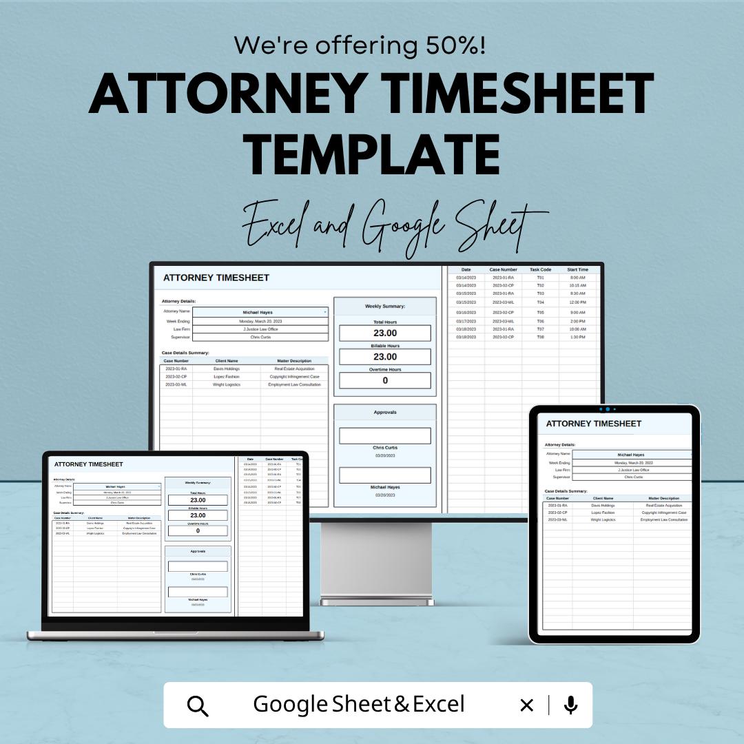 Attorney Timesheet Template | Legal Billing Tracker | Lawyer Time Tracking Spreadsheet | Excel & Google Sheets | Billable Hours Log