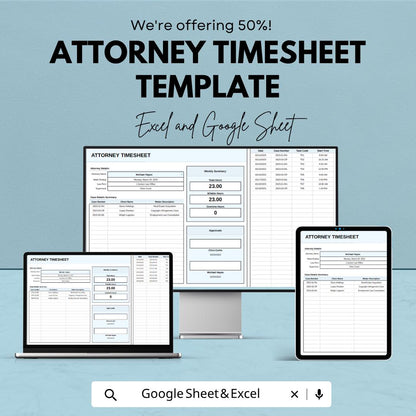 Attorney Timesheet Template | Legal Billing Tracker | Lawyer Time Tracking Spreadsheet | Excel & Google Sheets | Billable Hours Log