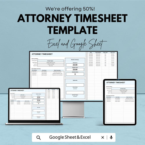 Attorney Timesheet Template | Legal Billing Tracker | Lawyer Time Tracking Spreadsheet | Excel & Google Sheets | Billable Hours Log