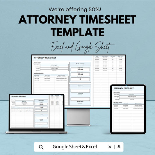 Attorney Timesheet Template | Legal Billing Tracker | Lawyer Time Tracking Spreadsheet | Excel & Google Sheets | Billable Hours Log
