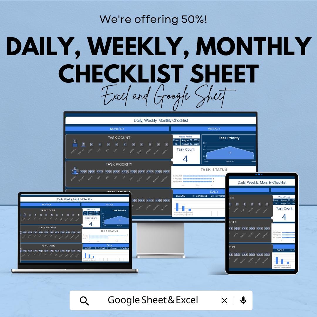 Daily, Weekly, Monthly Checklist Sheet for Task Management | Google Sheet & Excel Template | Printable Planner and Organizer