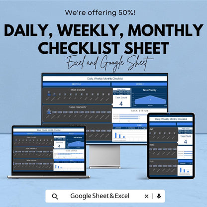 Daily, Weekly, Monthly Checklist Sheet for Task Management | Google Sheet & Excel Template | Printable Planner and Organizer