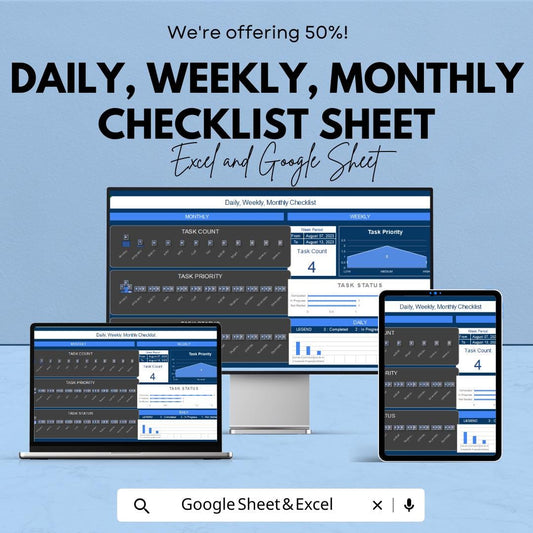 Daily, Weekly, Monthly Checklist Sheet for Task Management | Google Sheet & Excel Template | Printable Planner and Organizer