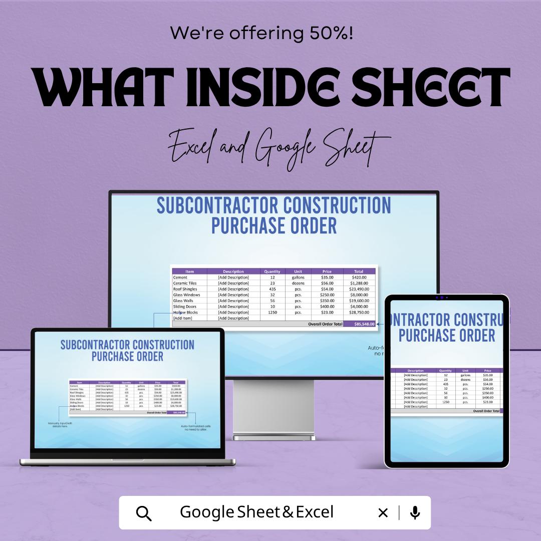 Subcontractor Construction Purchase Order Template | Contractor Material Order Form | Building Supply Tracker | Excel & Google Sheets
