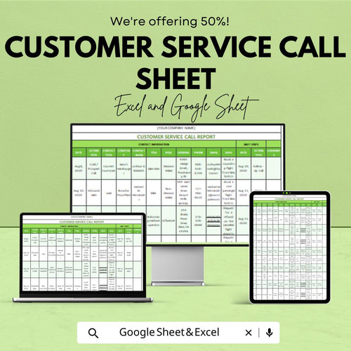 Customer Service Call Report Template - Excel & Google Sheets - Track Customer Interactions, Editable, Instant Download
