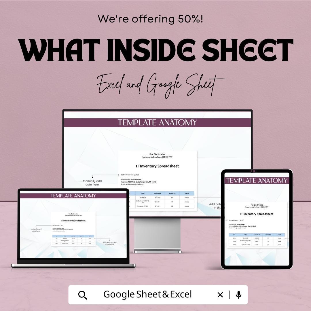 IT Inventory Spreadsheet Template |  IT Asset Tracker | Hardware & Software Inventory Log | IT Asset Management Sheet