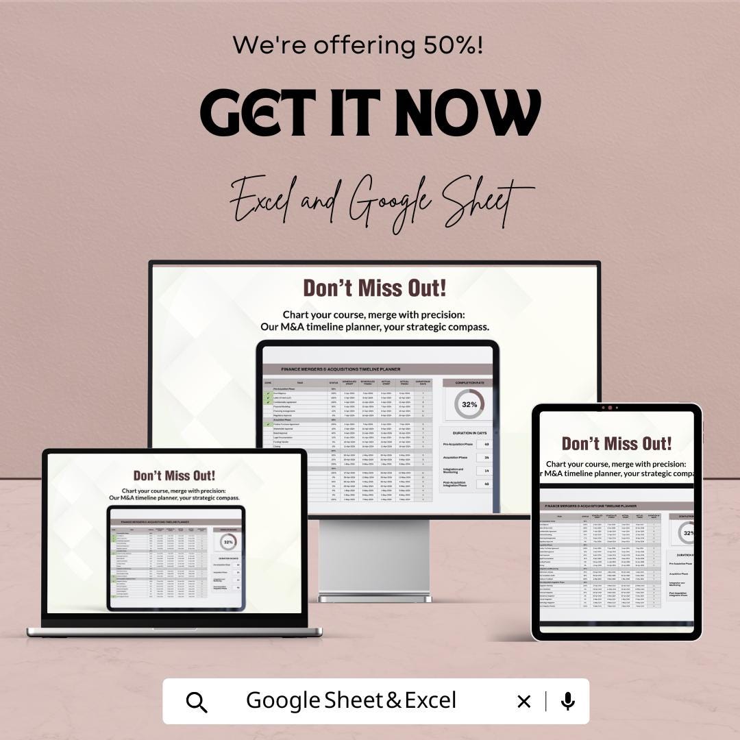 Finance Mergers and Acquisitions Timeline Planner Sheet | Excel & Google Sheets Template for Efficient Project Planning