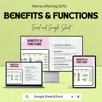 Advertising Digital Media Performance Dashboard | Excel and Google Sheets Template | Digital Ad Campaign Tracker | ROI Analysis & Metrics