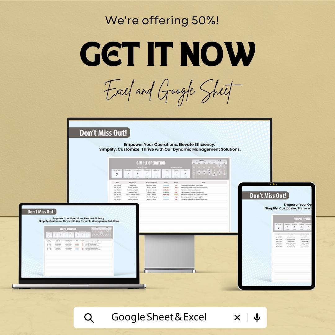 Simple Operations Template | Business Operations Tracker | Excel & Google Sheets Template | Workflow Management Spreadsheet |