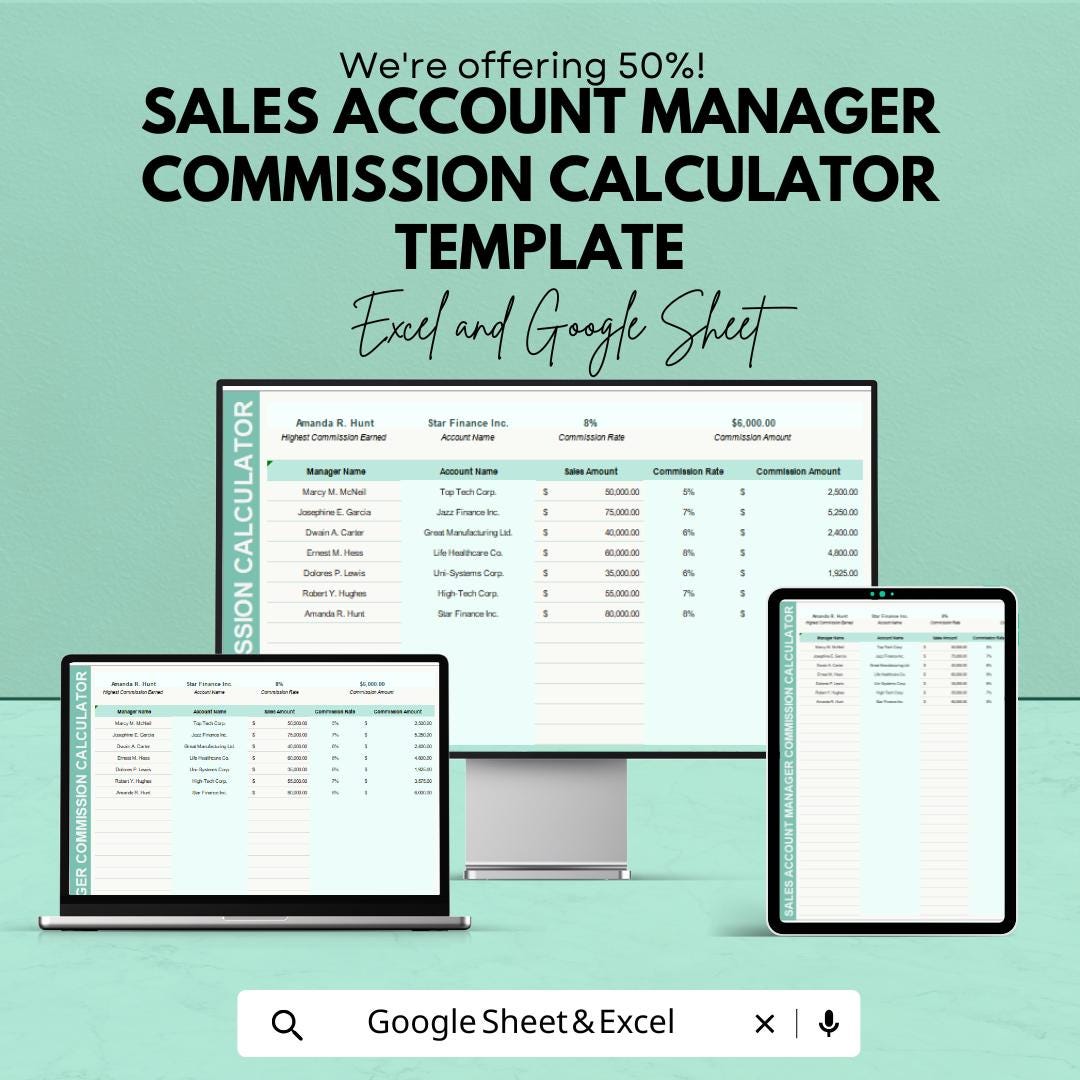Sales Commission Calculator Template | Account Manager Commission Tracker | Sales Performance Spreadsheet | Commission Rate Calculator