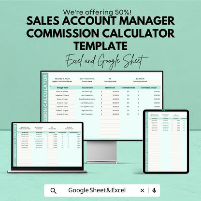 Sales Commission Calculator Template | Account Manager Commission Tracker | Sales Performance Spreadsheet | Commission Rate Calculator