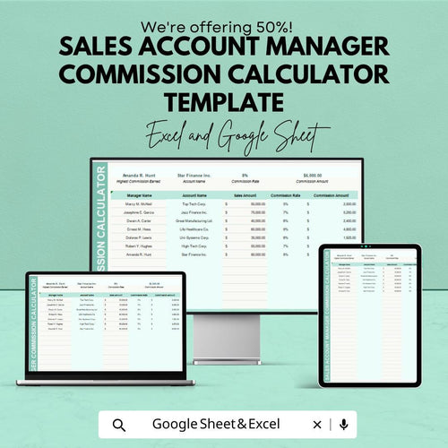 Sales Commission Calculator Template | Account Manager Commission Tracker | Sales Performance Spreadsheet | Commission Rate Calculator