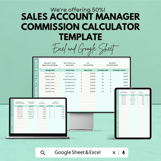 Sales Commission Calculator Template | Account Manager Commission Tracker | Sales Performance Spreadsheet | Commission Rate Calculator