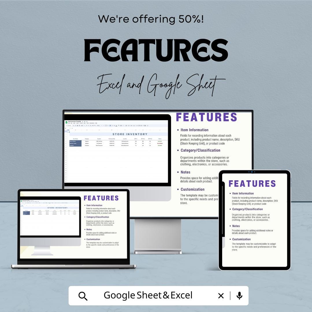 Store Inventory Sheet – Editable Excel & Google Sheet Template | Stock Tracking Dashboard | Quantity In/Out Tracker for Retail