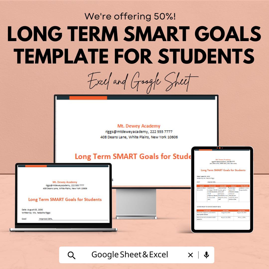 Long Term SMART Goals Template for Students | Academic Goal Planner | Student Goal Setting Worksheet | Study Planning Template