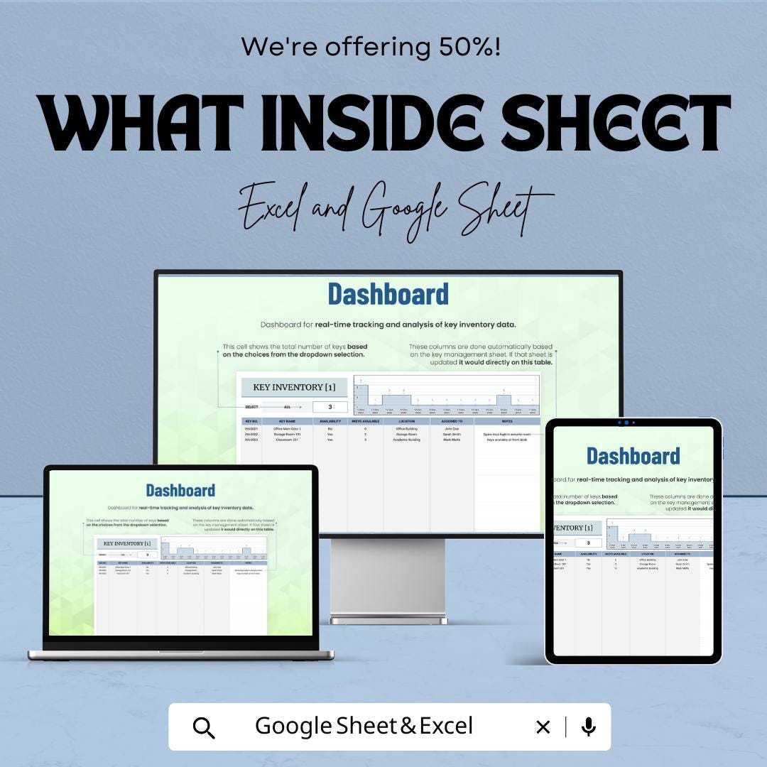 Key Inventory Log | Key Assignment and Access Tracking Sheet | Excel & Google Sheet | Digital Key Control Template