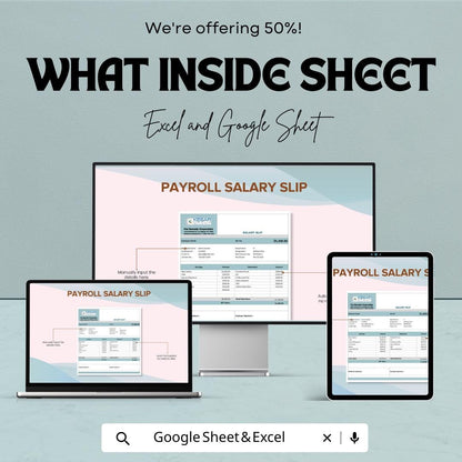 Payroll Salary Slip Sheet Template - Excel & Google Sheets - Employee Payslip Generator - Track Earnings, Deductions, and More