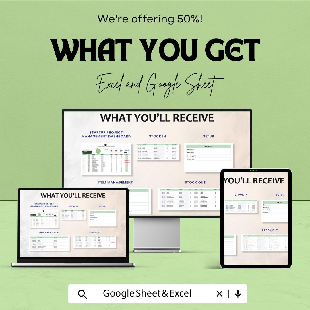 Startup Inventory Management System Template | Inventory Dashboard and Stock Tracker | Excel & Google Sheets