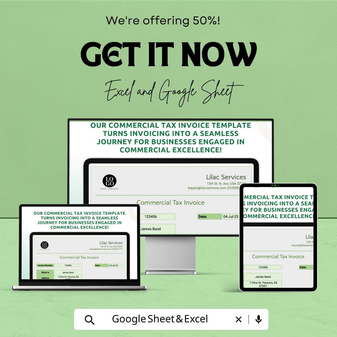 Commercial Tax Invoice Template | Business Invoice Spreadsheet | Tax Invoice Template | Excel & Google Sheets | Professional Invoice Tracker