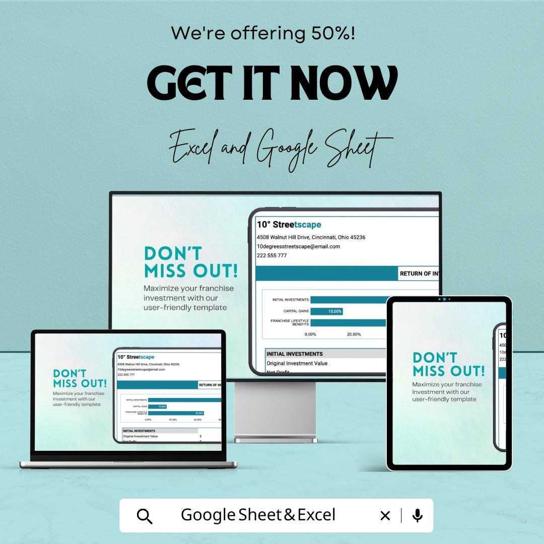 Franchise ROI Template, ROI Calculator, Franchise Investment Analysis, Profit Projection Sheet, Excel Google Sheets Business Template