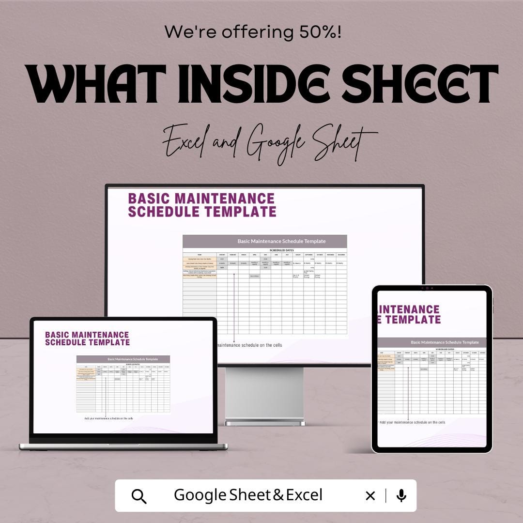 Basic Maintenance Schedule Template | Excel and Google Sheets | Task Scheduling & Efficiency Improvement