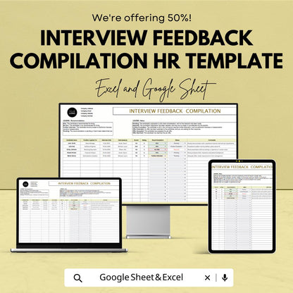 Interview Feedback Compilation HR Template,  Candidate Evaluation Spreadsheet, Hiring Tracker, Recruitment Feedback Log