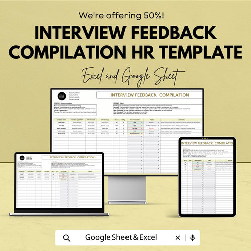 Interview Feedback Compilation HR Template,  Candidate Evaluation Spreadsheet, Hiring Tracker, Recruitment Feedback Log