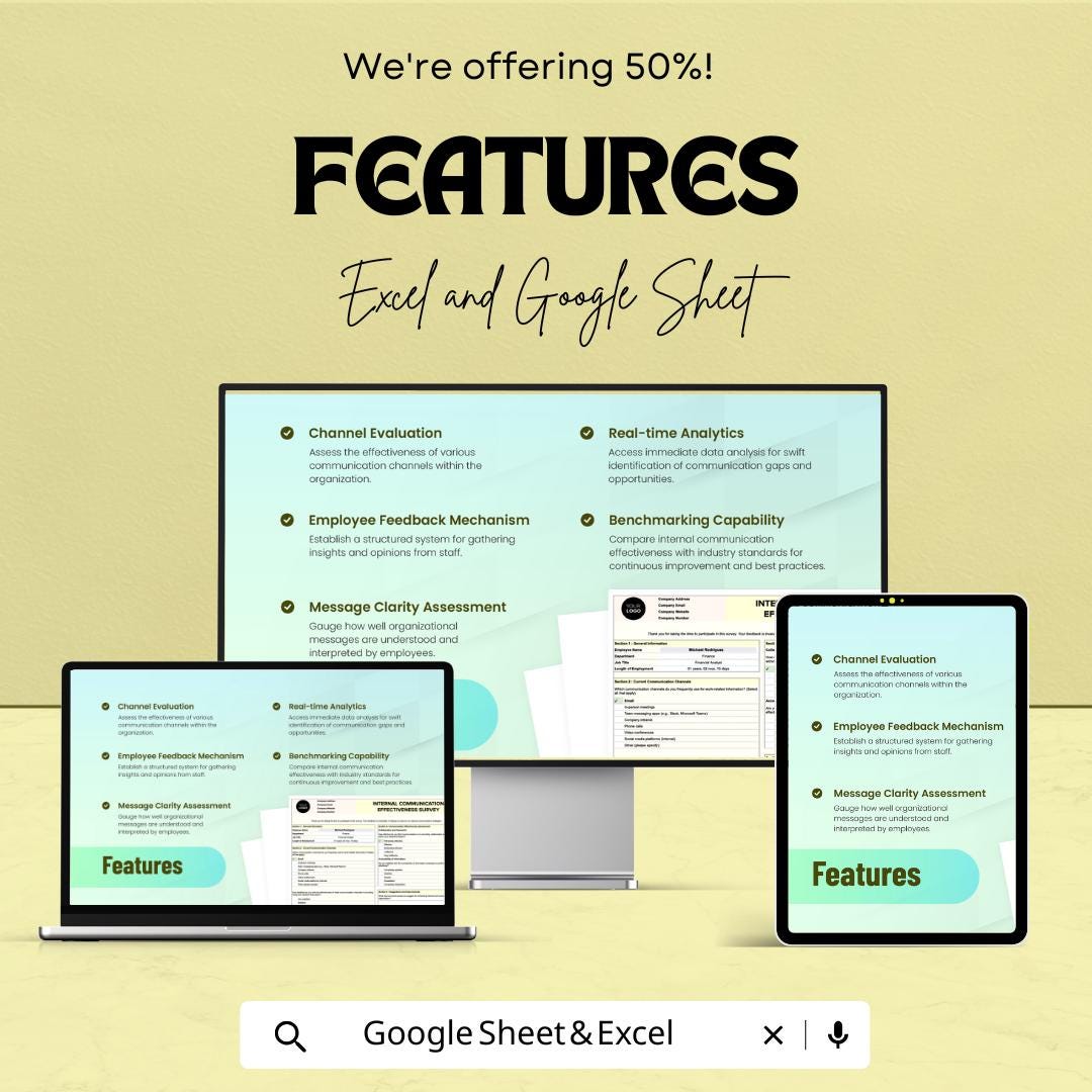 Internal Communication Effectiveness Survey HR Sheet | Excel & Google Sheet Template for Employee Feedback | 50% Off Now!