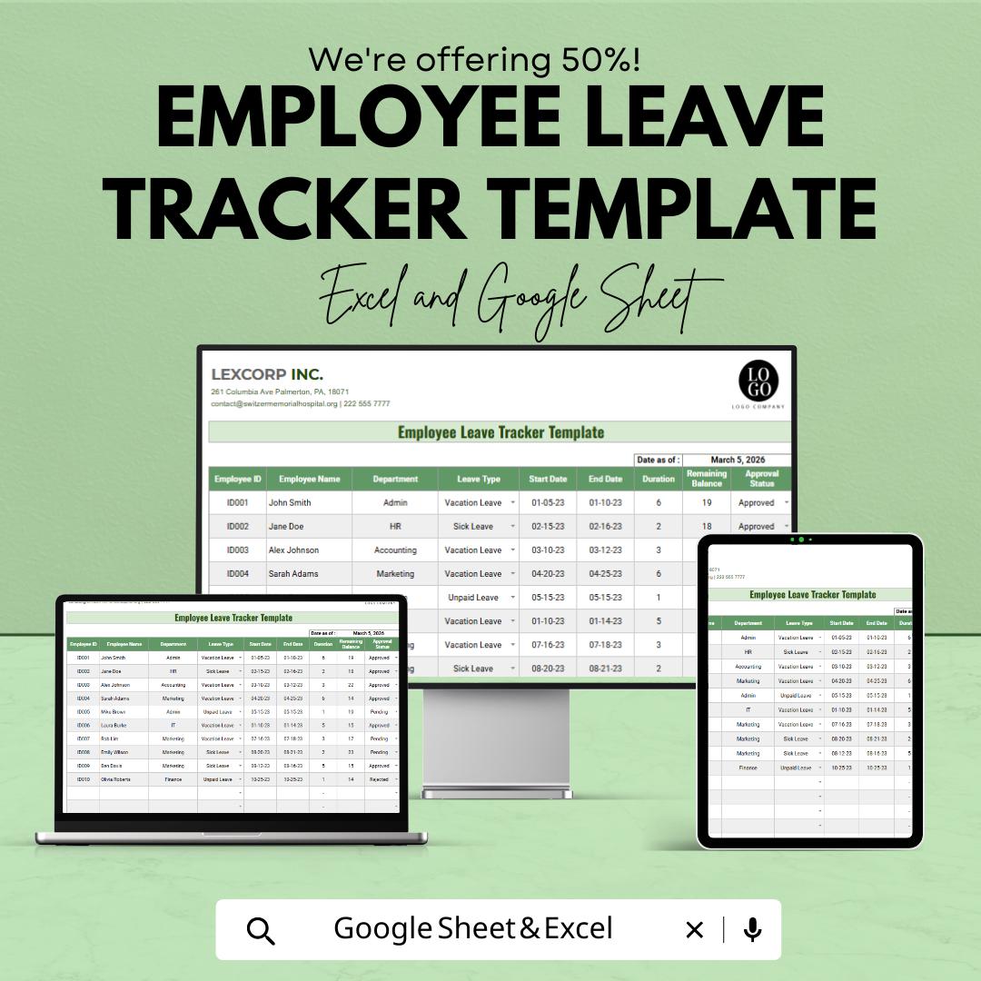 Employee Leave Tracker Template | HR Leave Management Spreadsheet | Excel & Google Sheets PTO Tracker | Staff Vacation and Sick Leave Log