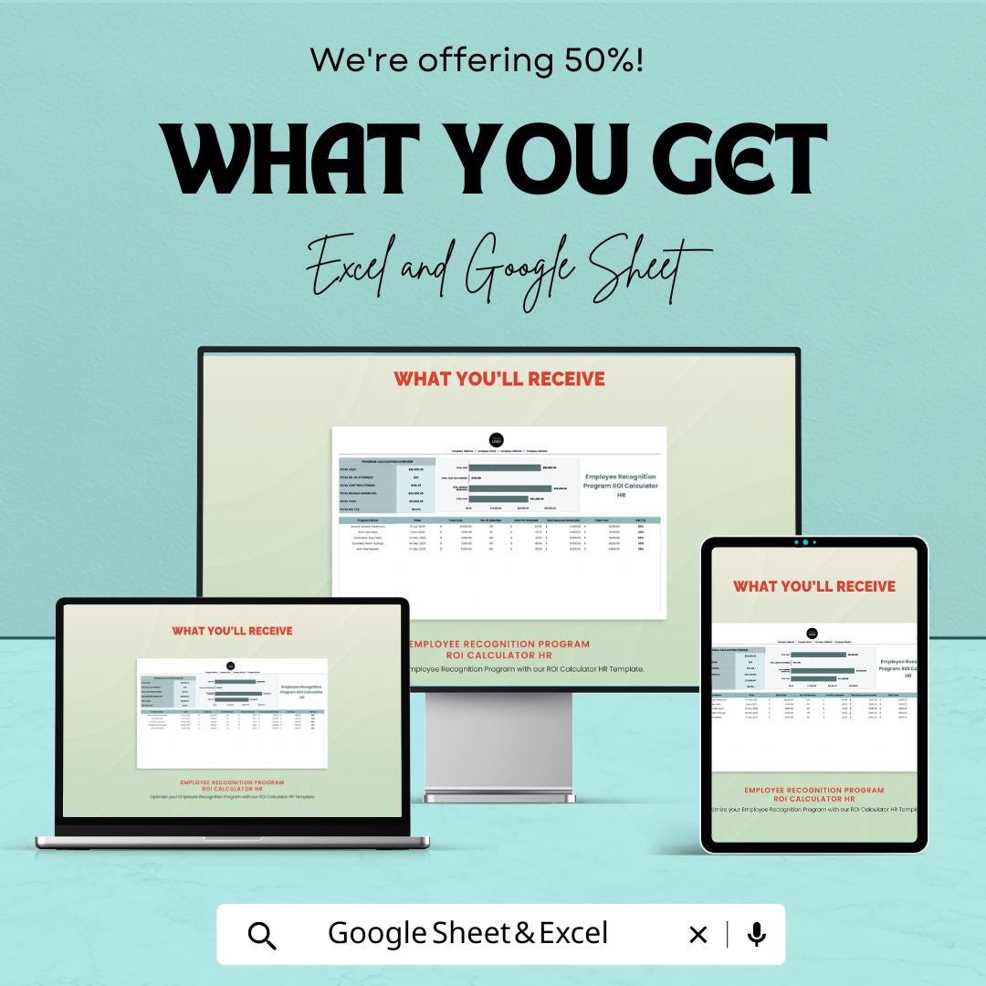 mployee Recognition Program ROI Calculator HR Template | HR Roi Analysis Tool | Excel and Google Sheets Recognition Tracker