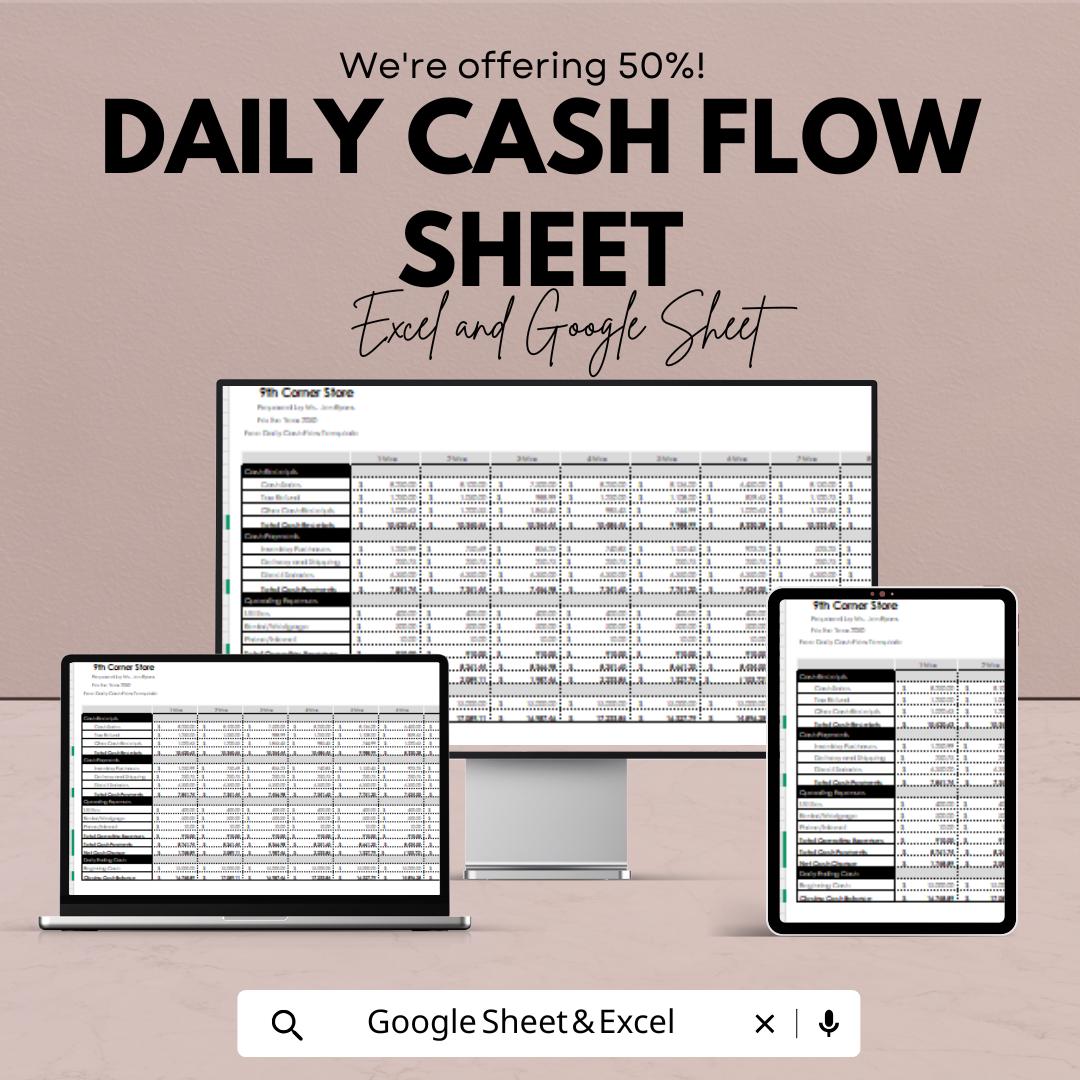 Daily Cash Flow Sheet Template - Excel and Google Sheets - Track Income, Expenses, Net Cash - Editable & Instant Download