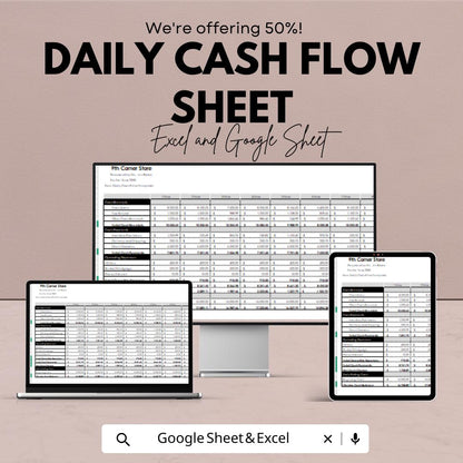 Daily Cash Flow Sheet Template - Excel and Google Sheets - Track Income, Expenses, Net Cash - Editable & Instant Download