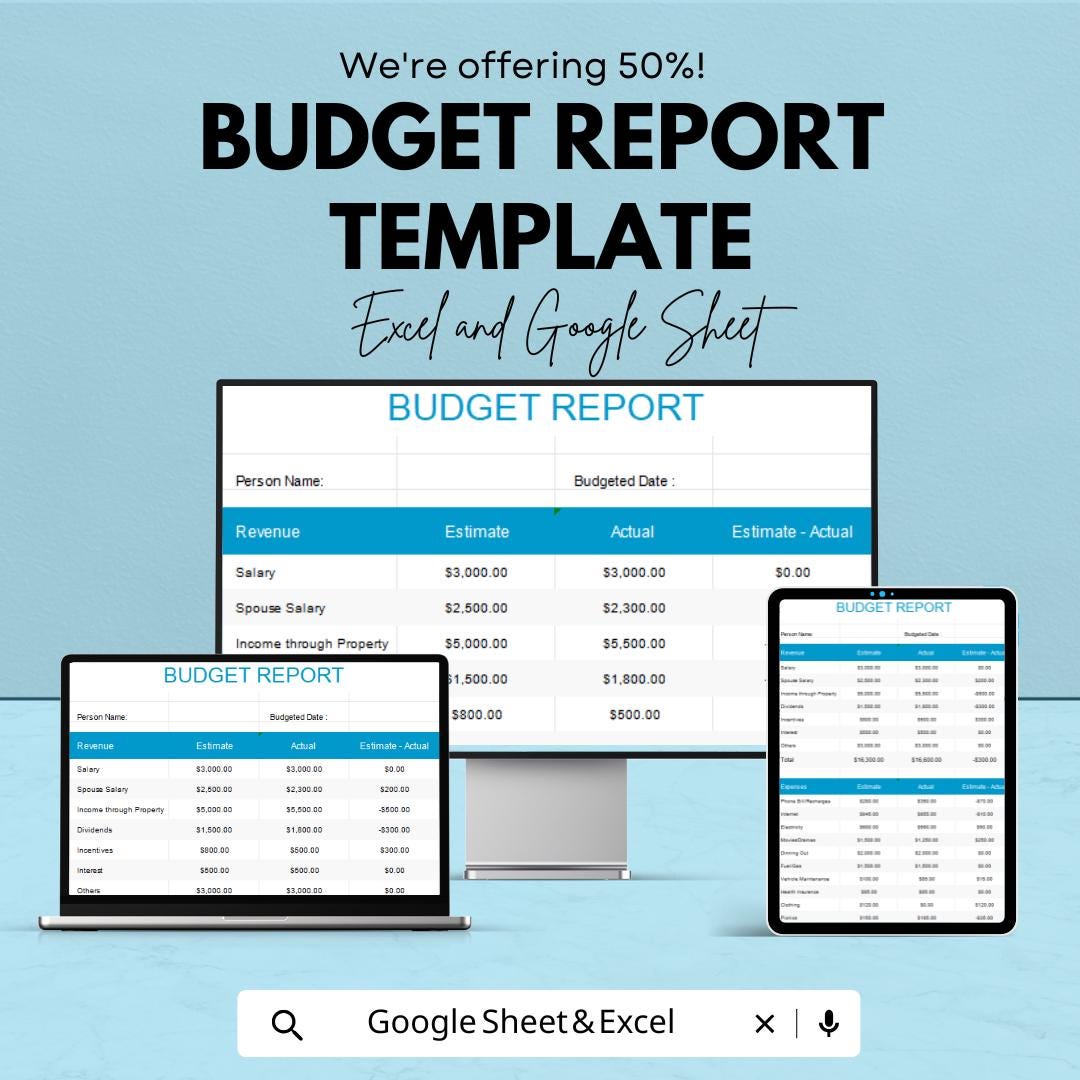 Budget Report Template | Excel & Google Sheets | Monthly Financial Tracker | Income Expense Report | Editable Budget Spreadsheet