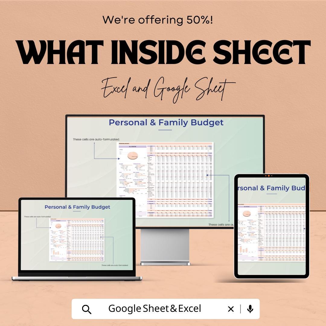 Personal & Family Budget Sheet | Monthly Budget Planner Excel and Google Sheets | Income Expense Tracker | Financial Planning Template