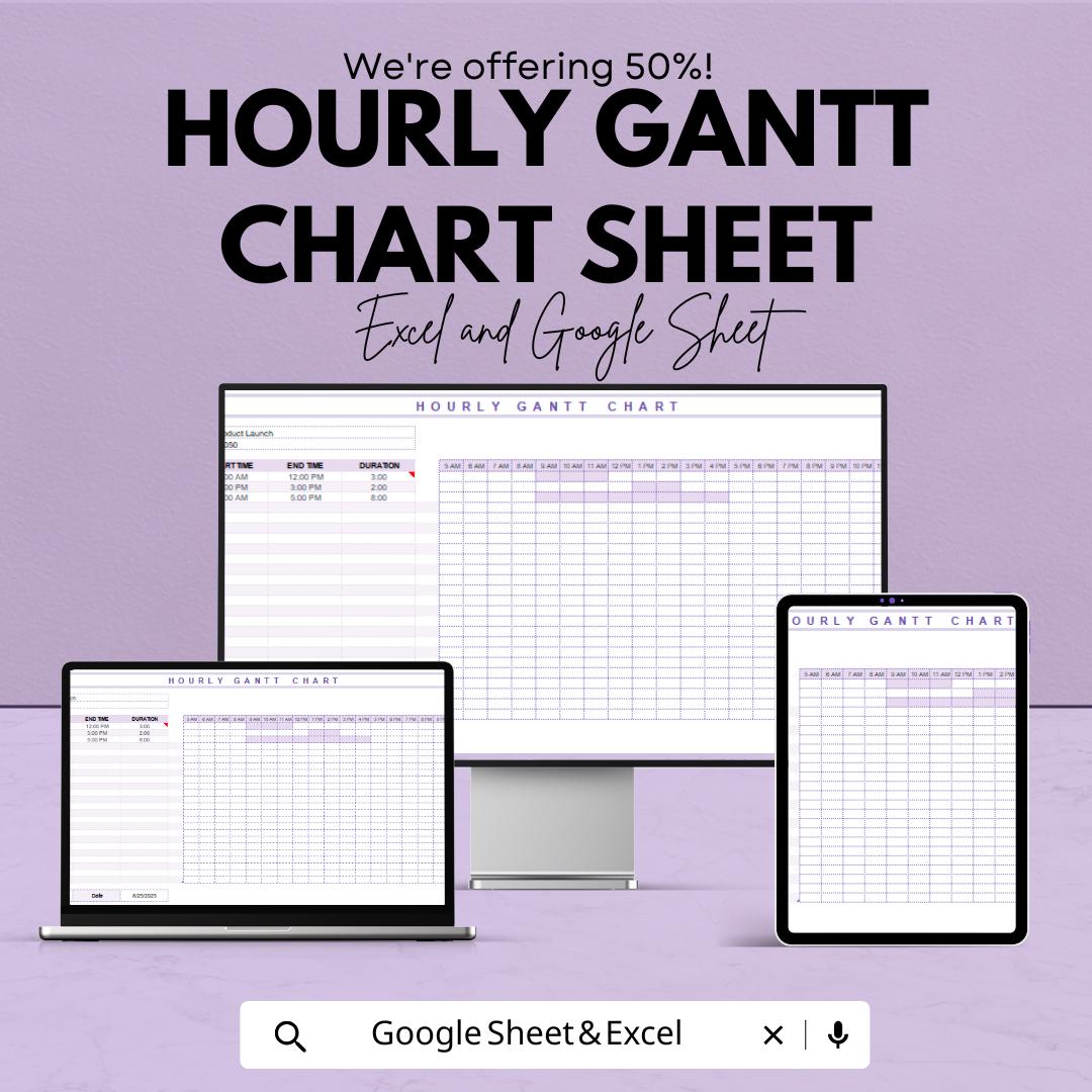Hourly Gantt Chart Template - Excel & Google Sheets - Project Planning Schedule - Customizable Project Timeline - Time Management Tool