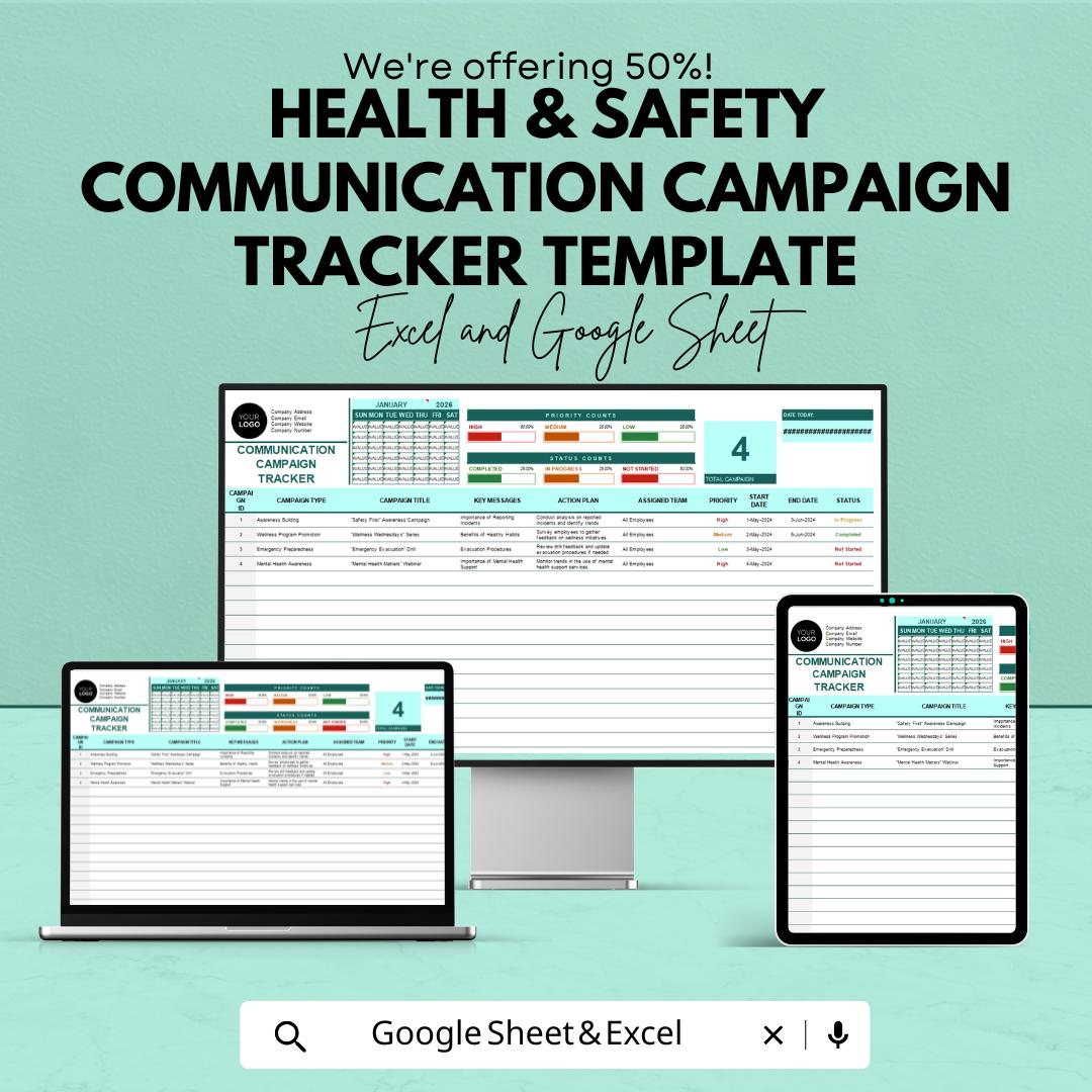 Health & Safety Communication Campaign Tracker Template | Excel and Google Sheets | Safety Awareness Planner | HSE Campaign Tool