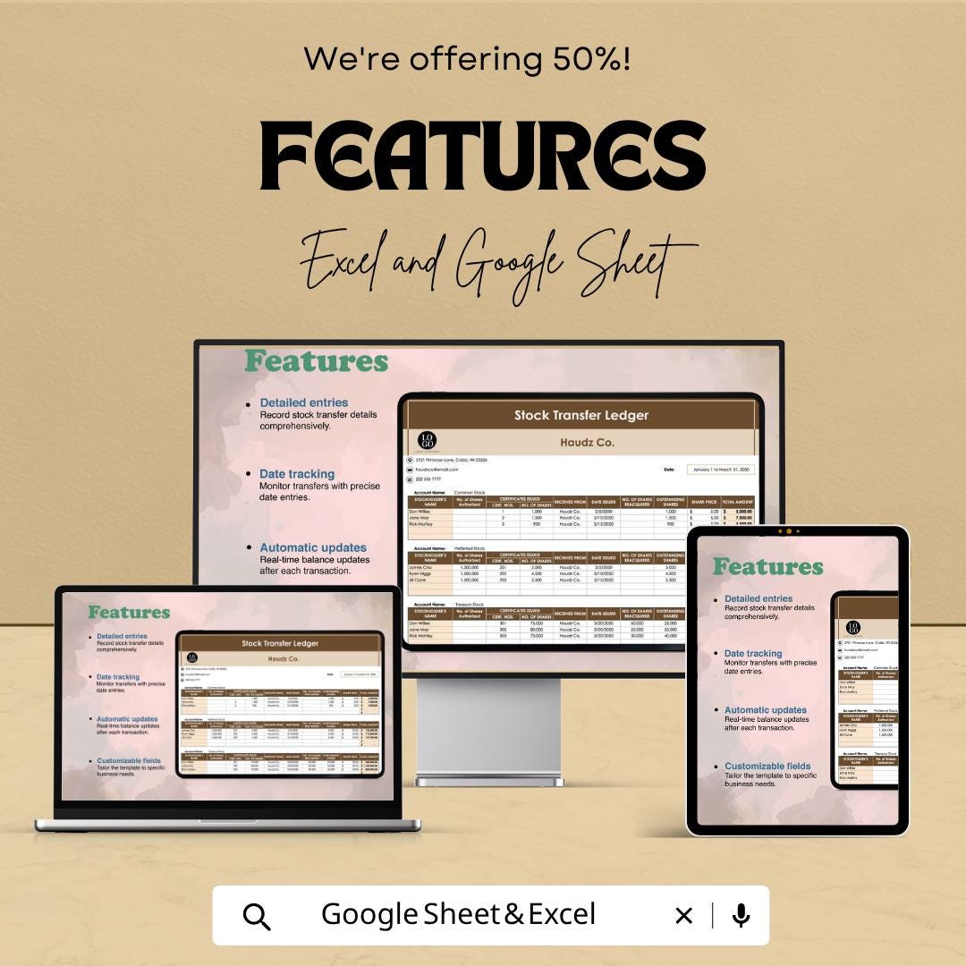 Stock Transfer Ledger Template Excel Google Sheets | Share Transfer Tracker | Corporate Stock Register | Shareholder Transfer Log |
