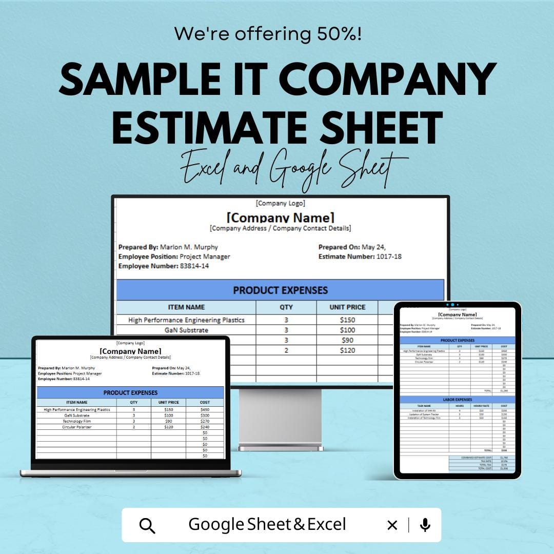 Sample IT Company Estimate Sheet – Excel and Google Sheets – Product & Labor Expense Breakdown – Customizable Template for Businesses