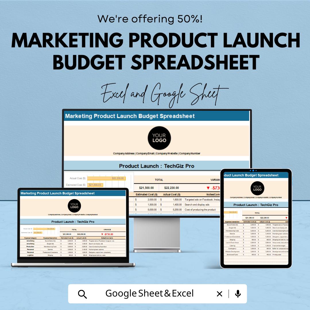 Marketing Product Launch Budget Spreadsheet Template | Business Budget Planner | Marketing Expense Tracker | Financial Planning Sheet