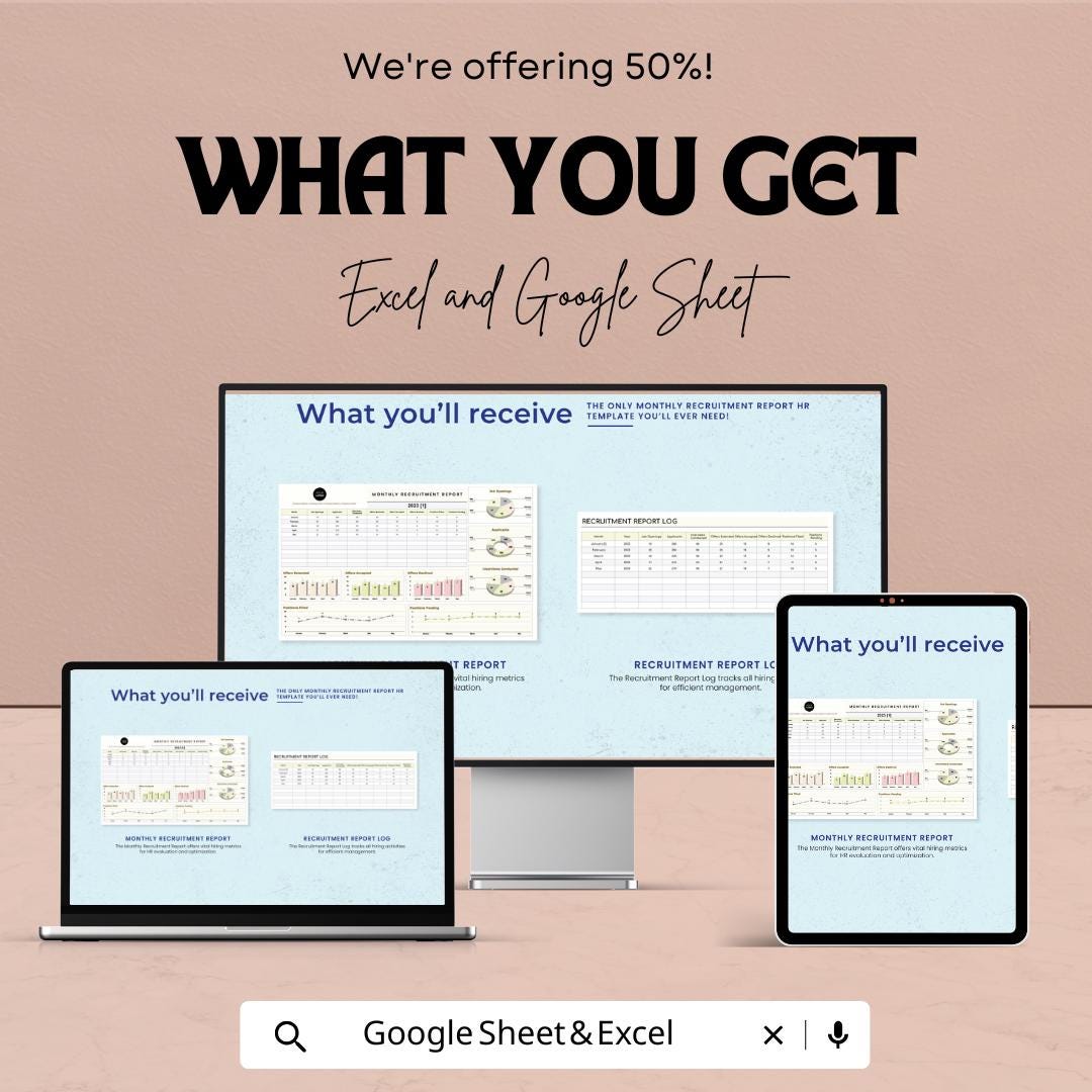 Monthly Recruitment Report HR Sheet - Excel & Google Sheets | Recruitment Tracking Template | HR Data Analysis | Job Openings Report |